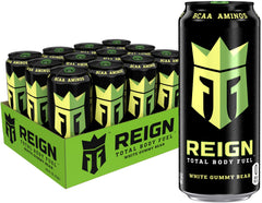 Reign Total Body Fuel White Gummy Bear can for high-performance hydration and sustained energy during workouts