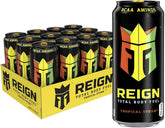 REIGN Tropical Storm bottle front view showing zero sugar and citrus flavor for workouts