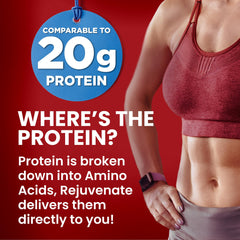 Front packaging of Rejuvenate Perfect Amino Stick emphasizes portable vegan protein option.