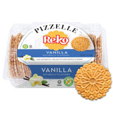 Reko Pizzelle vanilla cookie close-up showing crispy texture and subtle aroma.
