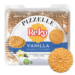 Reko pizzelle vanilla cookie on plate, crispy bite and low-calorie appeal.
