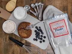 Relative Foods Baking Powder label closeup highlights USA-made allergen-free facility