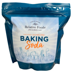 Relative Foods baking soda packaging shows bulk 2 Lbs supply for cooking and cleaning.