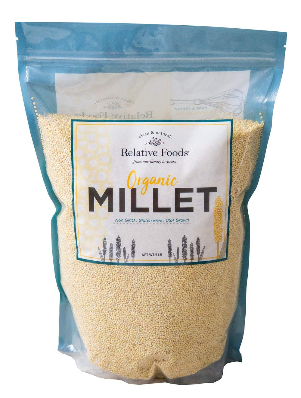 Relative Foods hulled millet seed bag close-up highlighting gluten-free whole grain