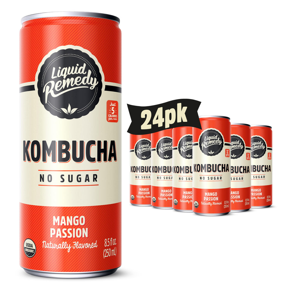Remedy Liquid Mango Passion can close-up showing sugar-free, low-calorie refreshment.