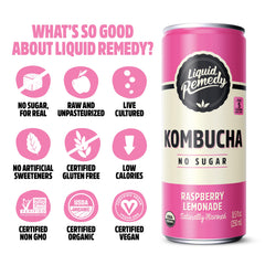 Remedy Liquid Remedy raspberry-lemonade glass pour demonstrates effervescent gut-friendly flavor