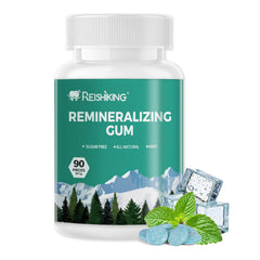 REISHIKING Remineralizing Gum packaging front shows mint flavor and two-piece design for after-meal freshness.