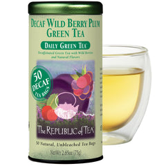 The Republic of Tea Decaf Wild Berry Plum tin showcase, premium fruit notes in every cup