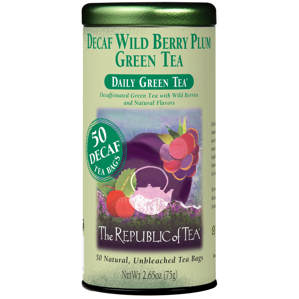 The Republic of Tea Decaf Wild Berry Plum tea bag close-up, soothing evening flavor