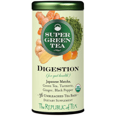 The Republic of Tea digestion tea tin with organic matcha and green tea for a balanced cup.