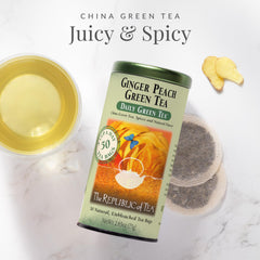 The Republic of Tea Ginger Peach Green Tea steeping cup captures easy brewing and aromatic notes.