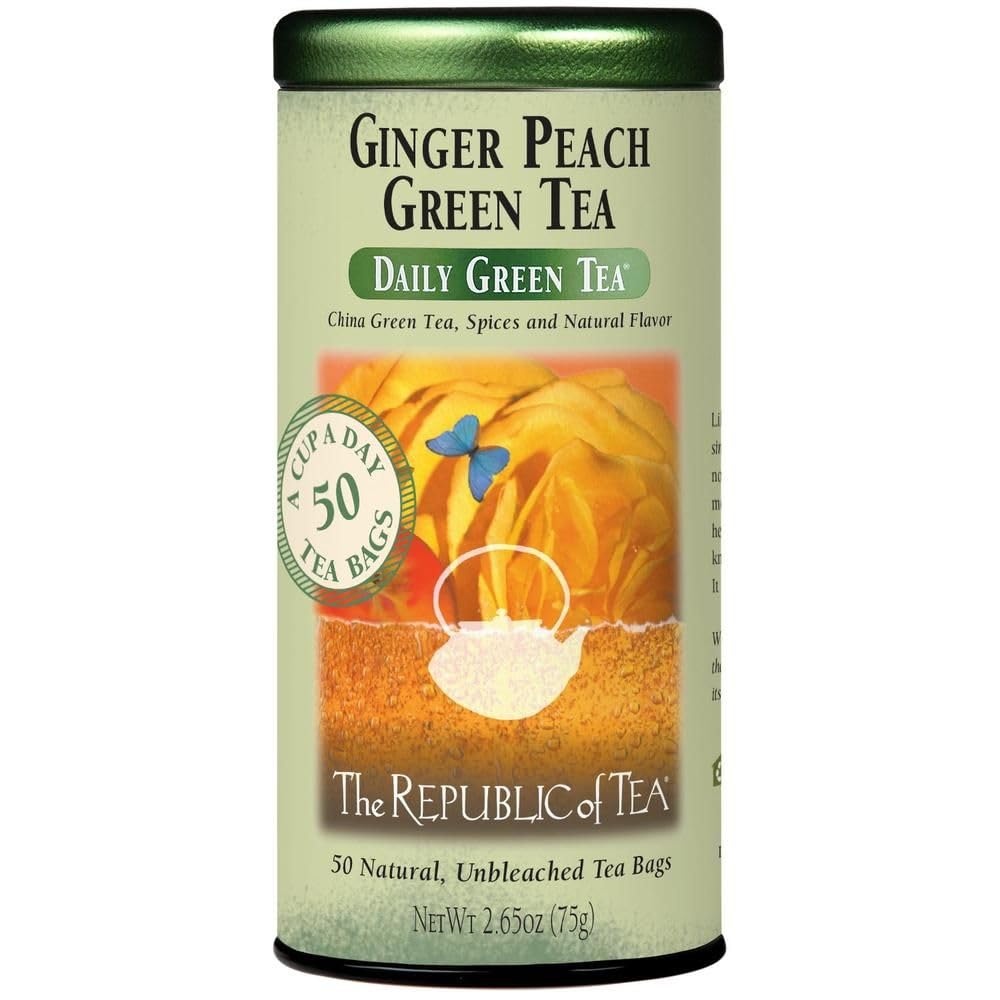 The Republic of Tea Ginger Peach Green Tea tin label highlighting premium flavor.