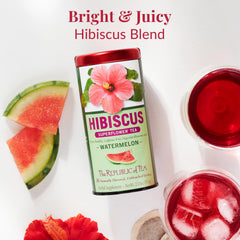 Brewing cup shows The Republic of Tea herbal tea with refreshing watermelon-hibiscus aroma.