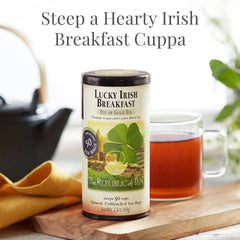 The Republic of Tea Lucky Irish Breakfast cup hot with robust aroma.