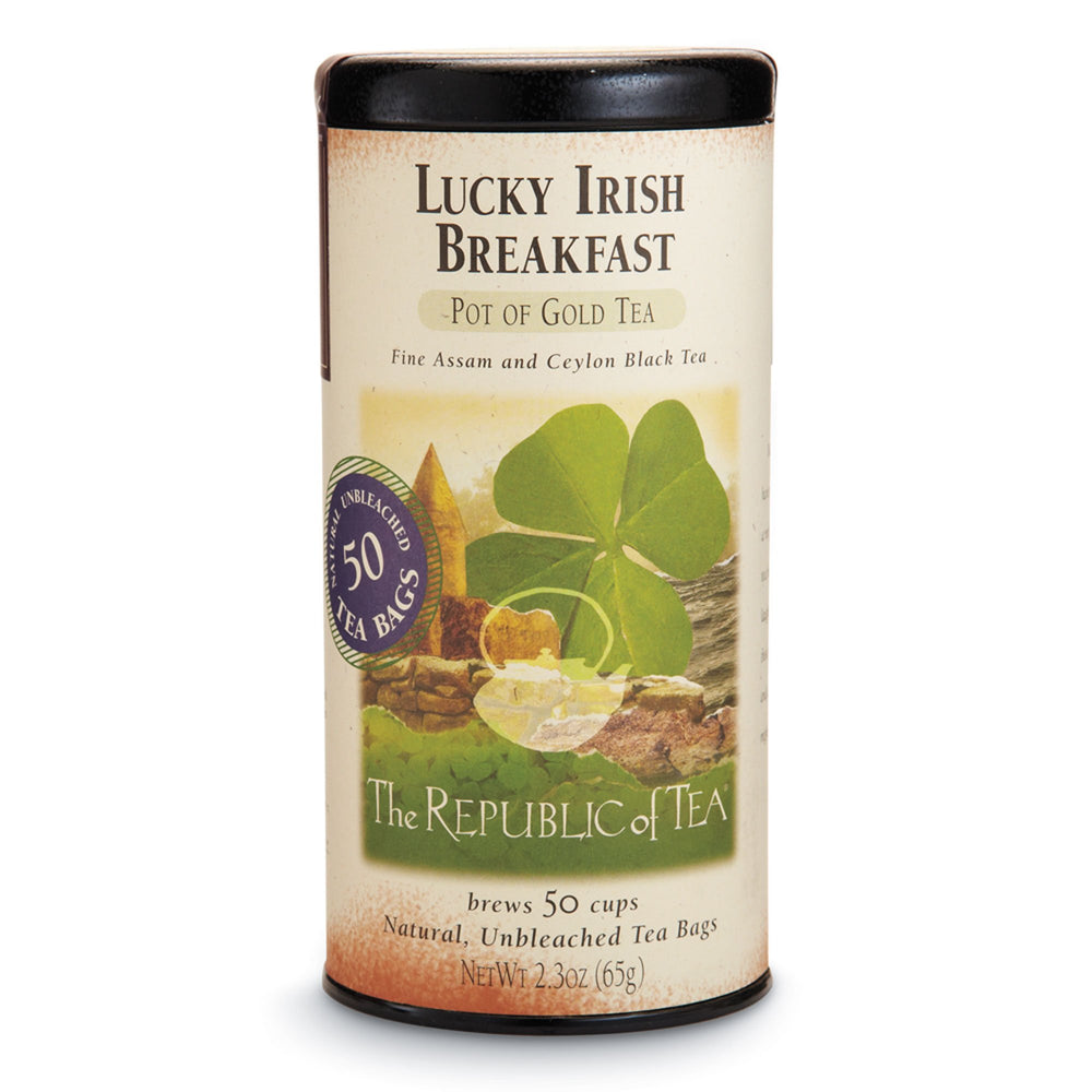 The Republic of Tea Lucky Irish Breakfast tea bags in a box, ready for brewing.