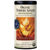 Republic of Tea turmeric-ginger green tea tin label highlighting organic quality