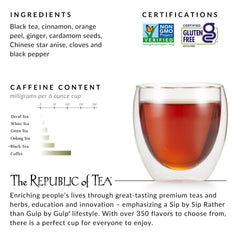 The Republic of Tea spiced chai blend ingredients capture warm cinnamon and cloves for aromatic infusion.