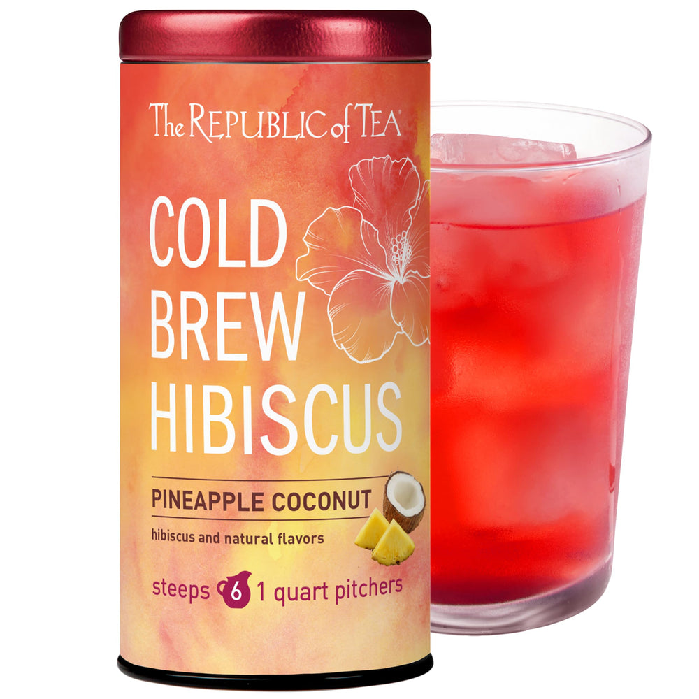 The Republic of Tea cold brew hibiscus pineapple coconut pouches for quick, flavorful iced tea.
