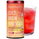 The Republic of Tea cold brew hibiscus pineapple coconut pouches for quick, flavorful iced tea.