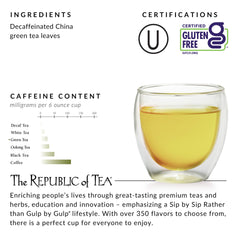 The Republic of Tea packaging display features a round natural tea bag.