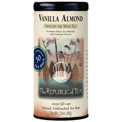 The Republic of Tea vanilla almond black tea tin front, premium packaging for gifting.