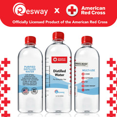 Resway distilled water label closeup highlighting purity and safety standards.