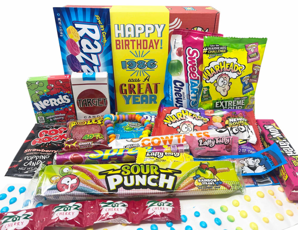 Retro Candy Yum 1986 gift box front featuring nostalgic 80s treats for birthdays