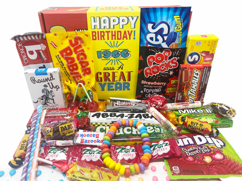Retro Candy Yum Nostalgic Box front view with a curated 1960s candy assortment