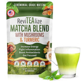 Revitealize Matcha Mushroom Latte Blend tin shows ceremonial matcha and mushroom fusion for energy