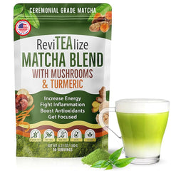 Revitealize Matcha Mushroom Latte Blend tin shows ceremonial matcha and mushroom fusion for energy