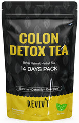 REVIVT Colon Detox Tea packaging highlighting natural herbs for gentle wellness.
