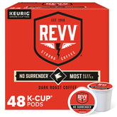 REVV No Surrender coffee pods pack front, bold morning option for quick brew.