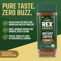 REX COFFEE decaf instant jar label close-up highlighting organic and fairtrade