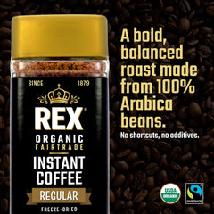 Rex Coffee dissolves in hot water for fast, easy mornings.