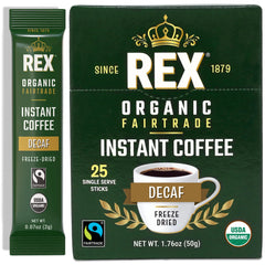 Rex Coffee Decaf Sticks box front for on-the-go brewing convenience.
