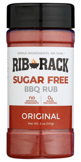 Rib Rack Original Sugar Free BBQ Rub 5oz bottle—zero sugar, bold flavor for grilled ribs.