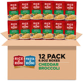 Rice-A-Roni Cheddar Broccoli box front highlights a convenient 12-pack for family meals.