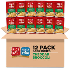 Rice-A-Roni Cheddar Broccoli box front highlights a convenient 12-pack for family meals.