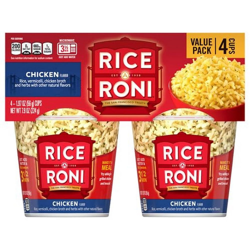 Rice-A-Roni Chicken 4pk Cups packaging shown for convenient pantry meals.