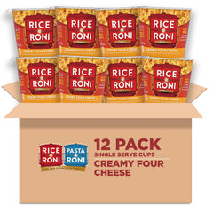 Rice-A-Roni Creamy Four Cheese cups on packaging, convenient snack option.