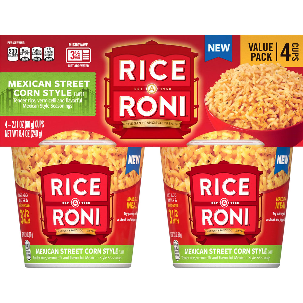 Rice-A-Roni Cups Mexican Street Corn packaging highlights quick, easy meals