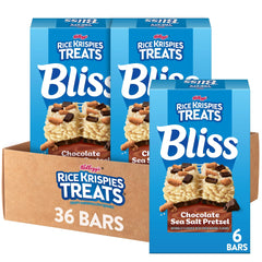 Rice Krispies Treats Bliss bars pack showing chocolate sea salt pretzel toppings for grab-and-go indulgence