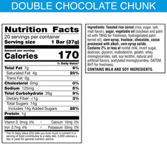 Close-up of Rice Krispies Treats Double Chocolatey Chunk bar with gooey marshmallow and chocolate.