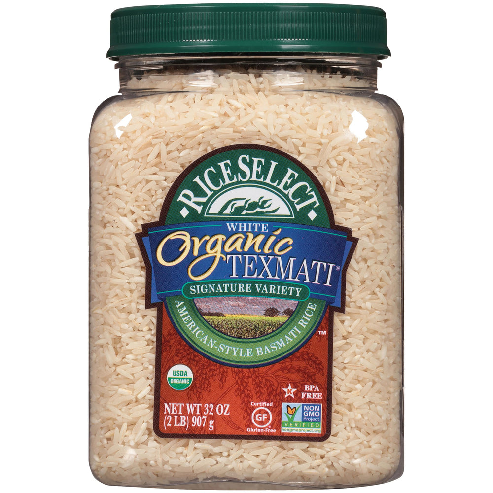 RiceSelect Organic Texmati White Rice jar on display highlights premium packaging and gluten-free quality.