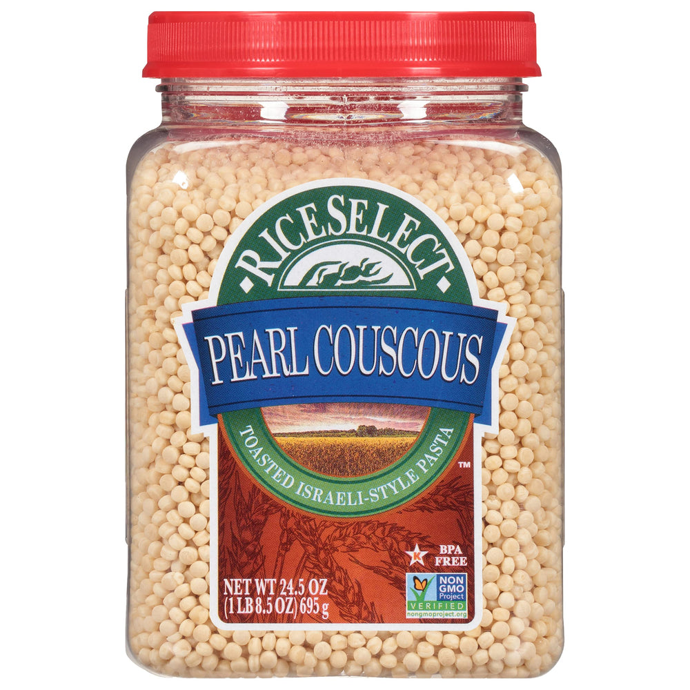 RiceSelect Pearl Couscous jar close-up highlighting premium packaging for pantry storage