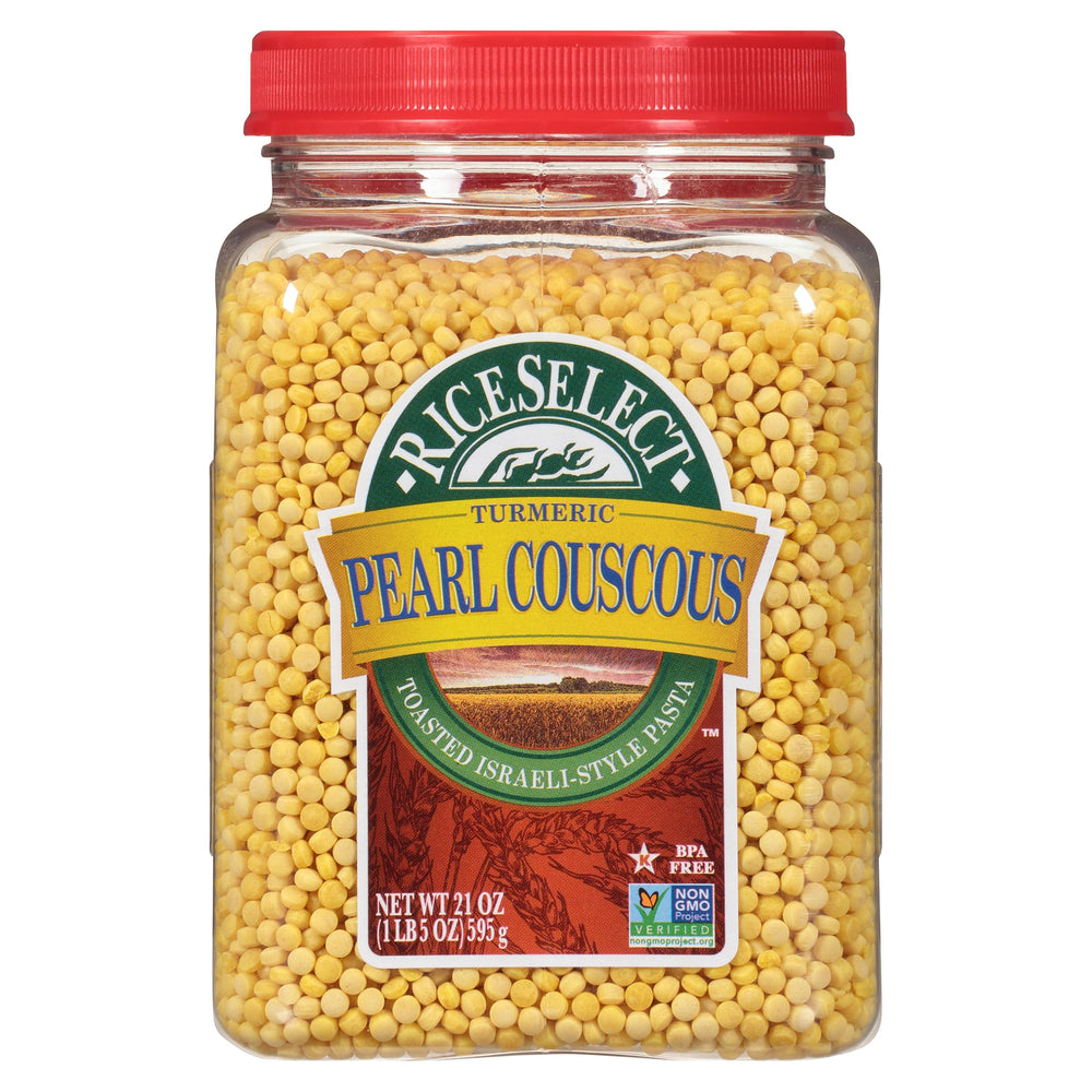 RiceSelect Pearl Couscous with Turmeric jar on shelf highlighting non-GMO and preservative-free pasta.