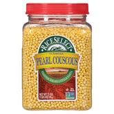 RiceSelect Pearl Couscous with Turmeric jar on shelf highlighting non-GMO and preservative-free pasta.