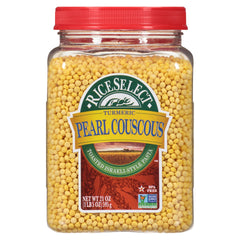 RiceSelect Pearl Couscous with Turmeric jar on shelf highlighting non-GMO and preservative-free pasta.