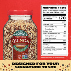 Raw blend of red, white, and black quinoa from RiceSelect, versatile for many dishes.