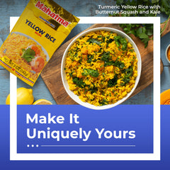 RiceSelect Mahatma Yellow Rice Mix served in a bowl with vibrant sides